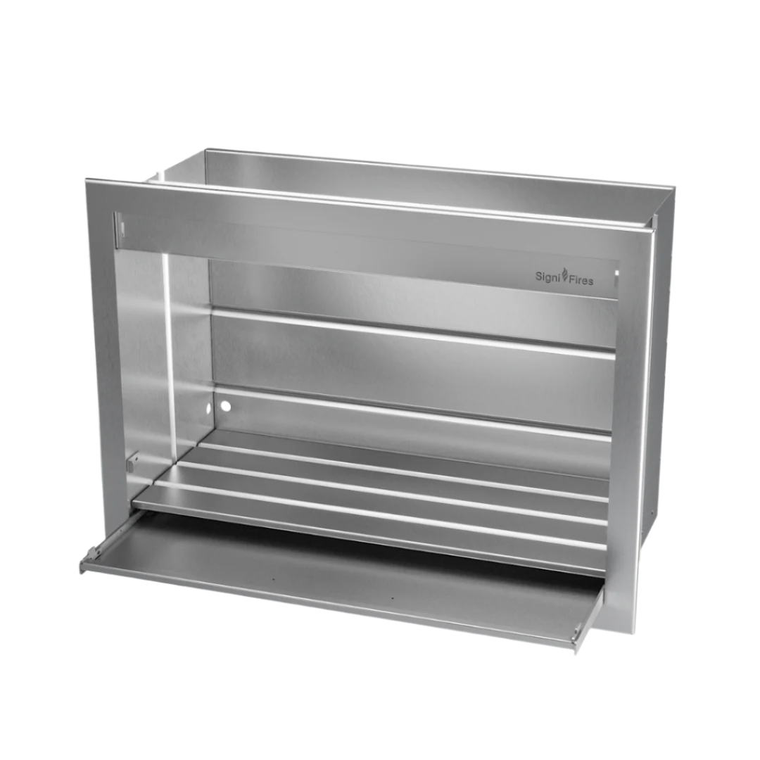 A built-in stainless steel braai (grill) with a sliding door and mesh grill insert.