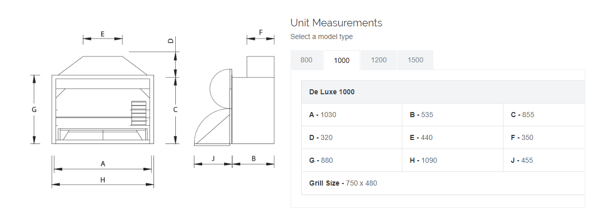 1000 Combo braai options info diagram and sizes