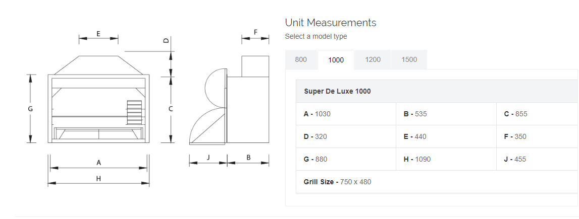 1000 Combo braai options info diagram and sizes