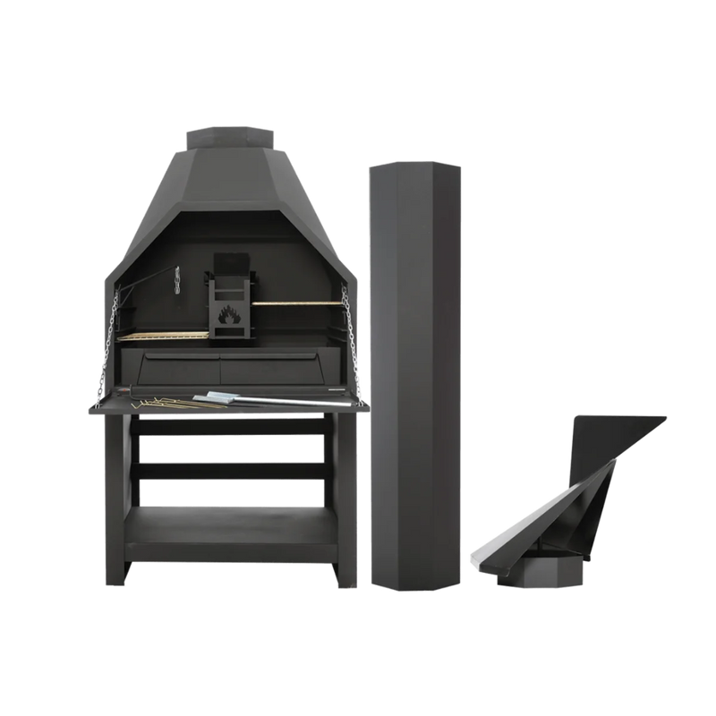 stainless freestanding braai, full view of grill body and handles.