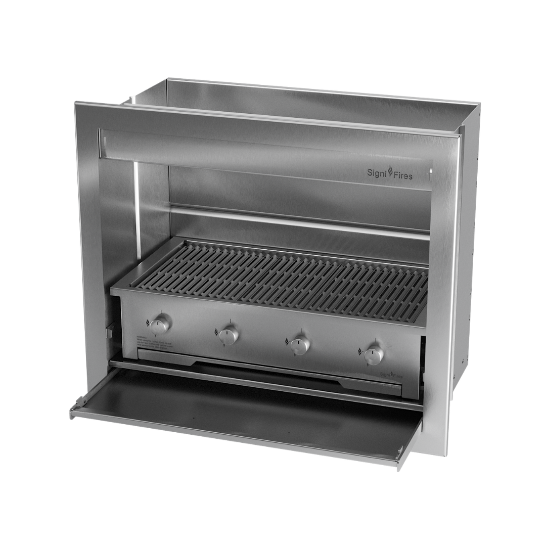 A built-in stainless steel gas braai with a closed sliding door and visible control knobs.