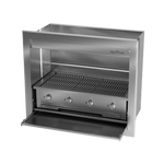A built-in stainless steel gas braai with a closed sliding door and visible control knobs.