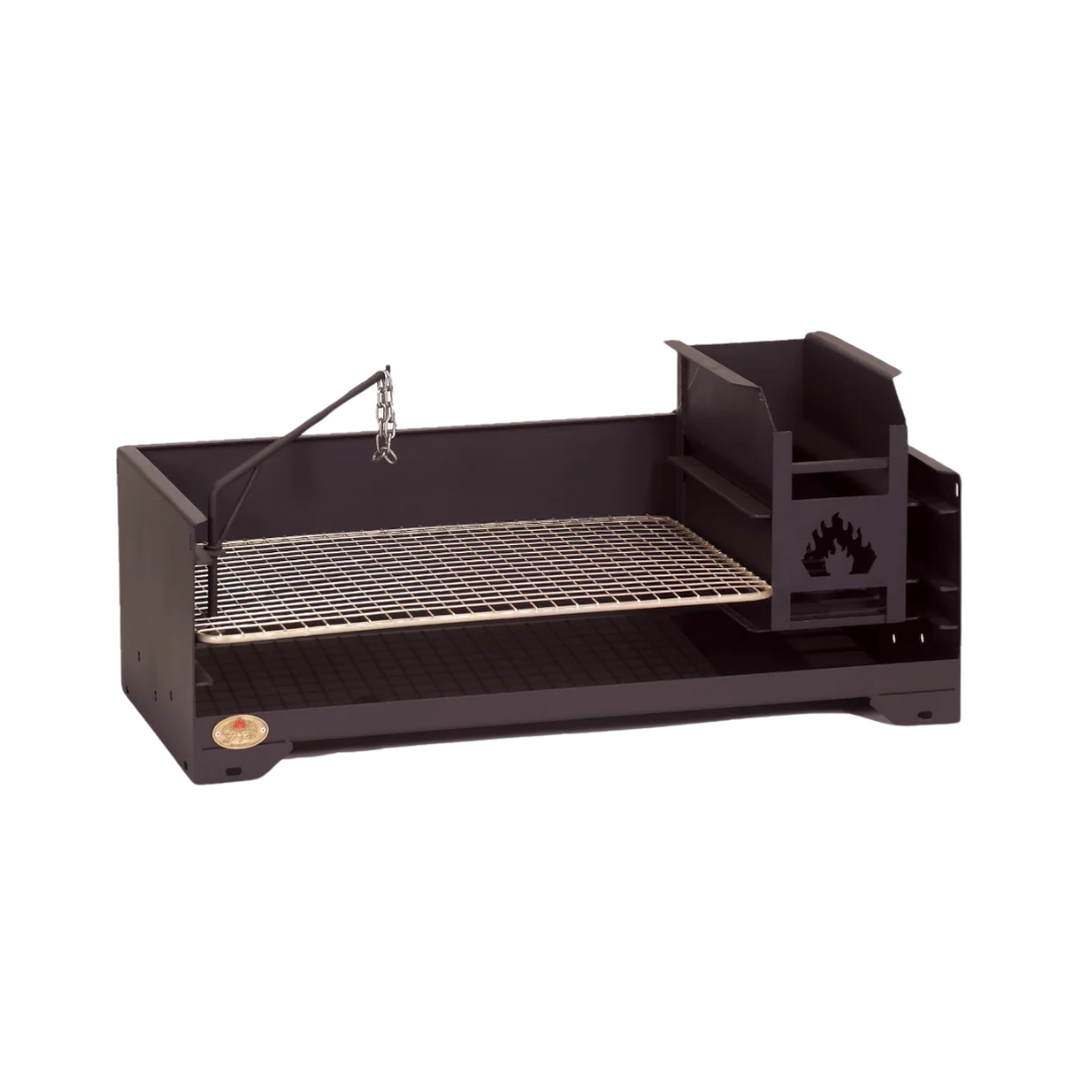 A black stainless steel table braai with a full length cooking grid and side ash pan.