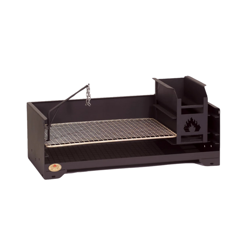 A black stainless steel table braai with a full length cooking grid and side ash pan.