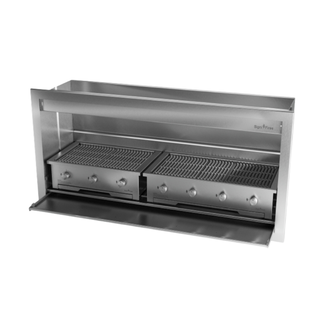 A built-in stainless steel gas braai with closed lid, displayed against a white background.