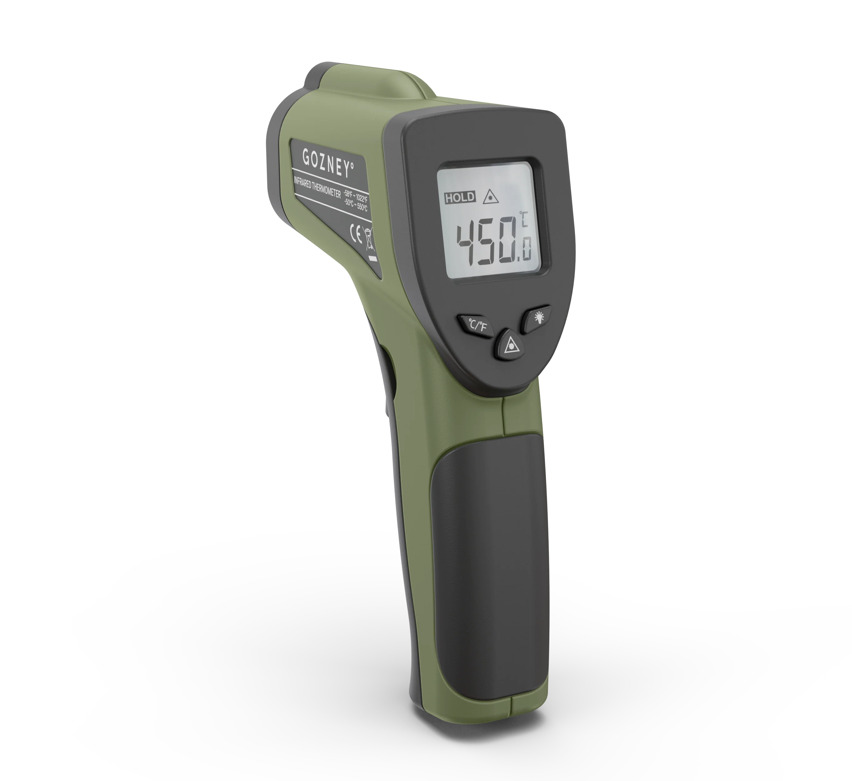 Infrared thermometer with digital display on a white background
