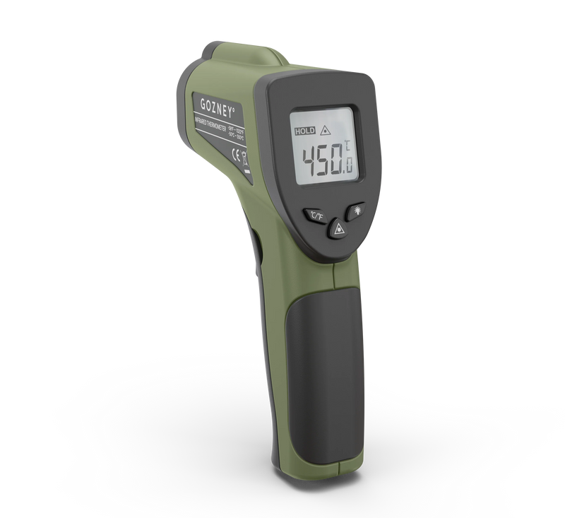 Infrared thermometer with digital display on a white background
