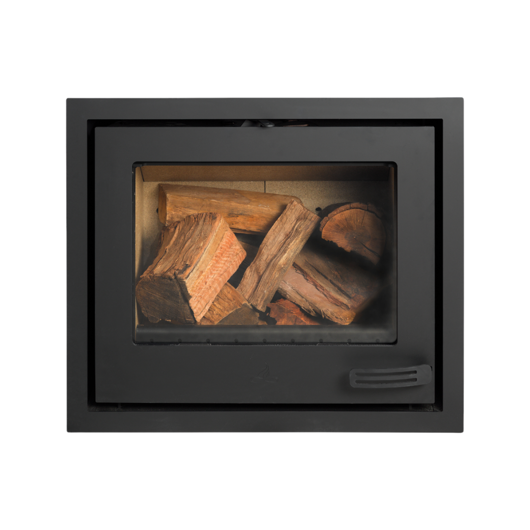 A black single sided fireplace insert with visible wood inside, through a glass window.