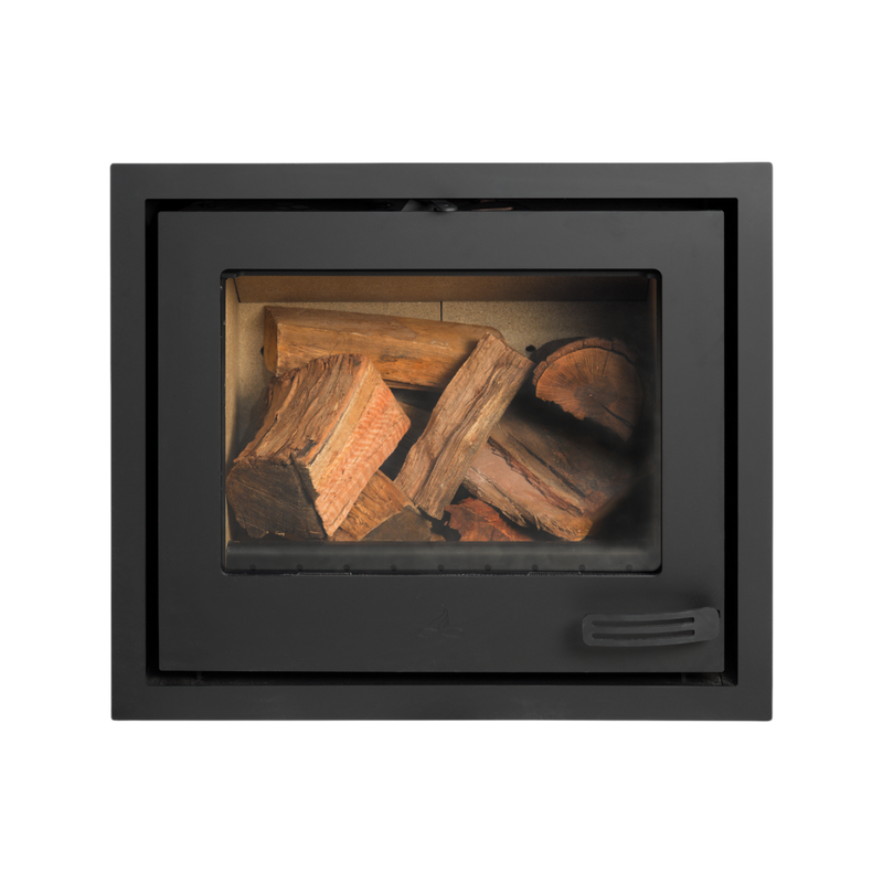 A black single sided fireplace insert with visible wood inside, through a glass window.