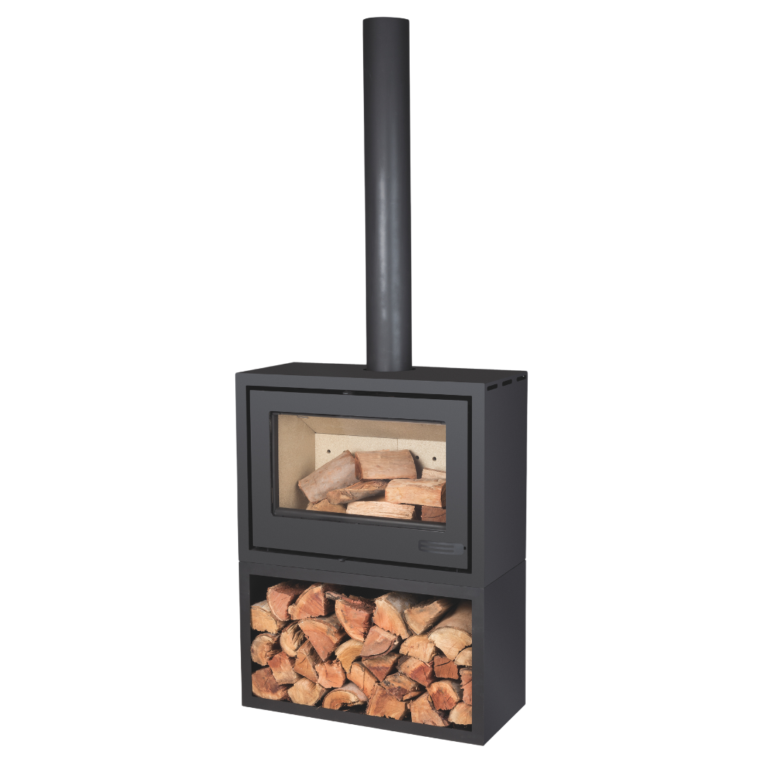 A black single-sided convection unit with a visible log box at the bottom and a small window on the side.