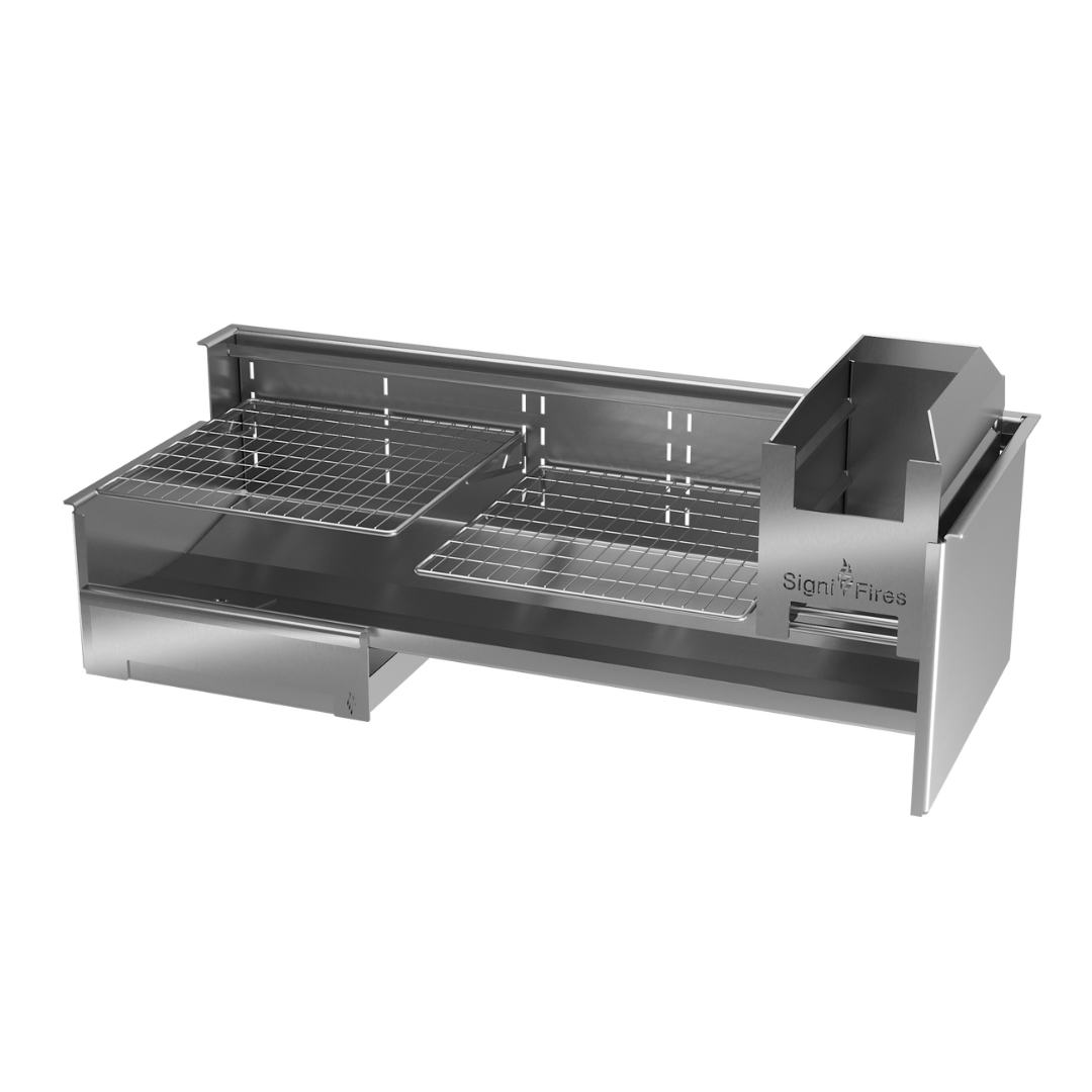 A built-in stainless steel braai (grill) with a closed lid, designed to be inserted into a chimney breast.