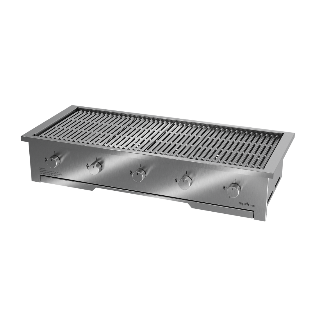 A built-in stainless steel gas braai with closed lid, displayed against a white background.