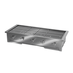 A built-in stainless steel gas braai with closed lid, displayed against a white background.