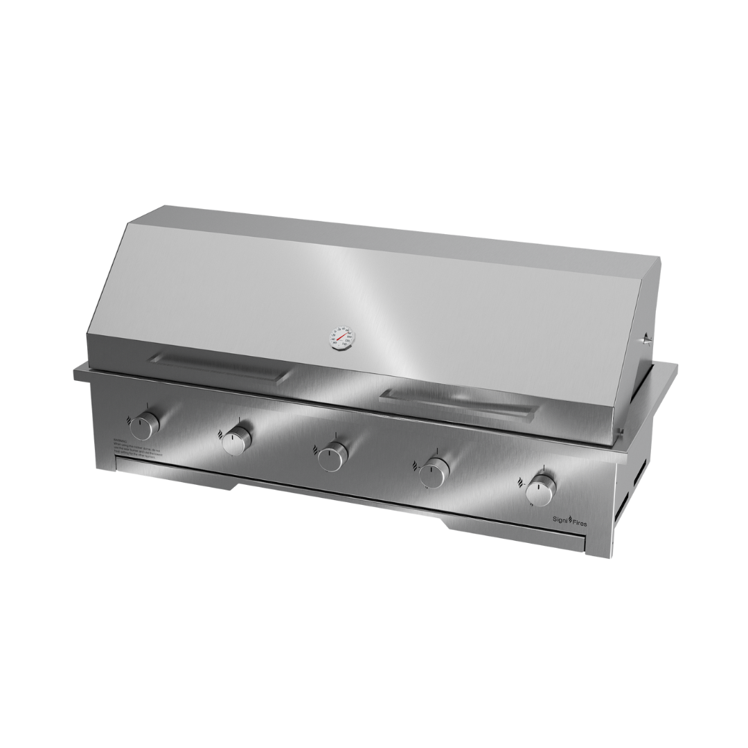 A built-in stainless steel gas braai with a closed sliding door and visible control knobs.