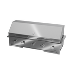 A built-in stainless steel gas braai with a closed sliding door and visible control knobs.
