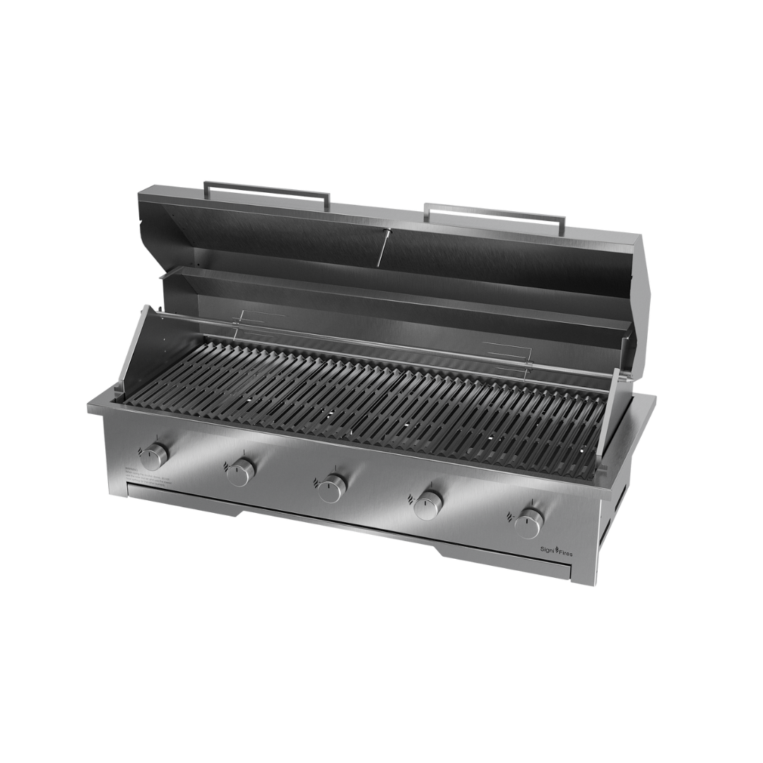 A built-in stainless steel gas braai with a closed sliding door and visible control knobs.