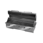 A built-in stainless steel gas braai with a closed sliding door and visible control knobs.
