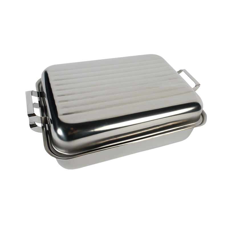 A stainless steel roaster with sturdy handles on the base and lid, designed for cooking.