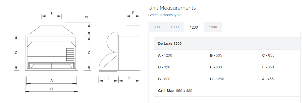 1200 Deluxe built in braai measurement diagram with dimensions and clearances.