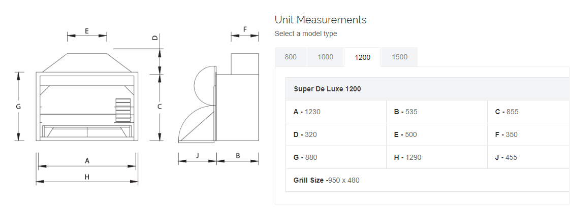1200 Combo braai options info diagram and sizes