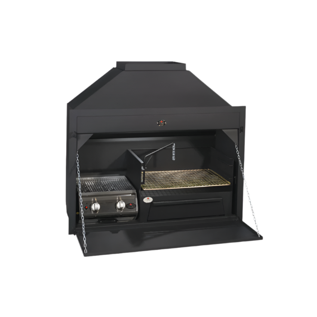 A black built-in gas grill with a closed lid and a side view showing the grill interior, control knobs, and a potjie hook.