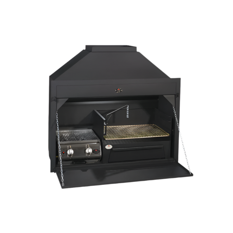 A black built-in gas grill with a closed lid and a side view showing the grill interior, control knobs, and a potjie hook.