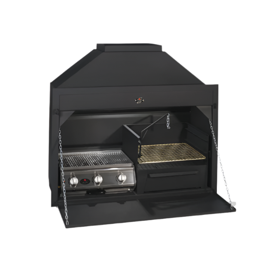 A black built-in gas grill with a closed lid and a side view showing the grill interior, control knobs, and a potjie hook.