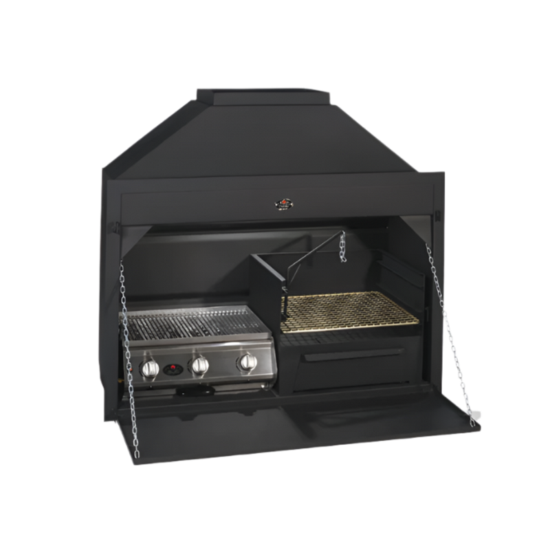 A black built-in gas grill with a closed lid and a side view showing the grill interior, control knobs, and a potjie hook.