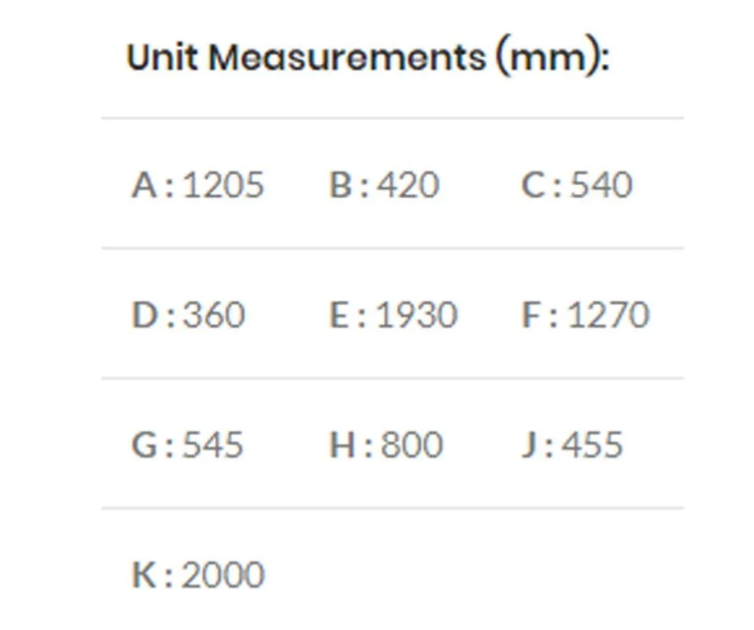 1200 freestanding braai information sheet with key dimensions and options.
