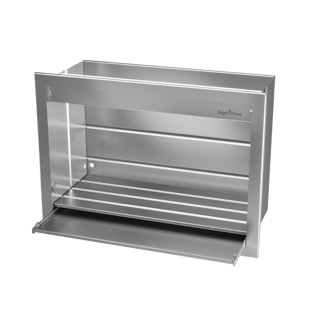 A built-in stainless steel gas braai with two grilling zones and a closed hood.