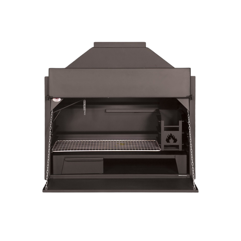 A black build-in braai grill with a closed lid and visible ash disposal trap and ember maker.