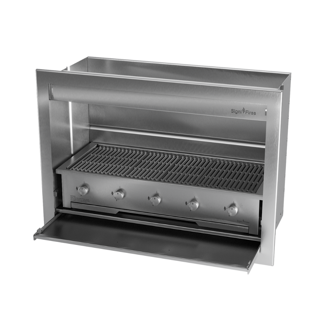 A built-in stainless steel gas braai with a closed sliding door and visible control knobs.