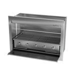 A built-in stainless steel gas braai with a closed sliding door and visible control knobs.