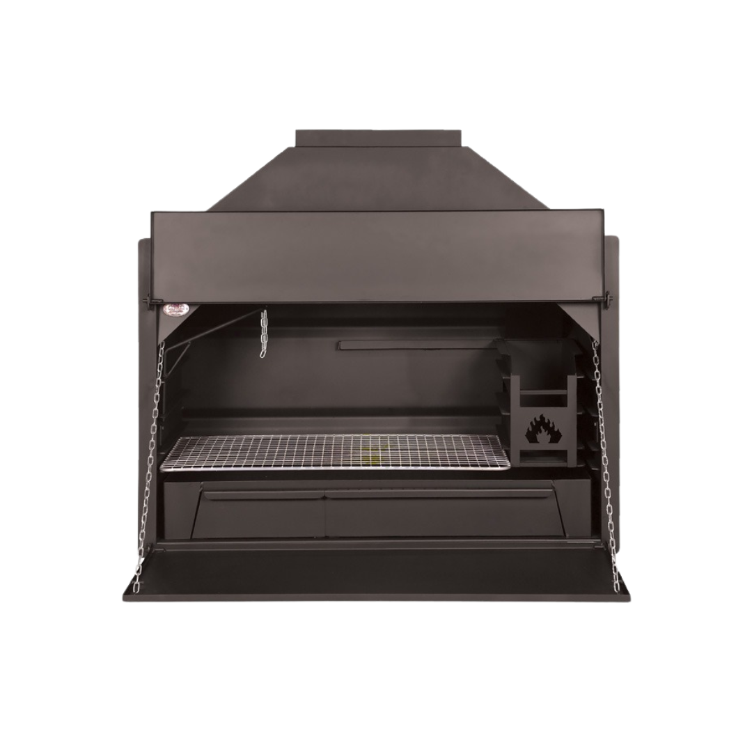 A black build-in braai unit with a warming drawer and various compartments for storage.