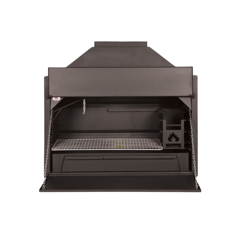 A black build-in braai unit with a warming drawer and various compartments for storage.