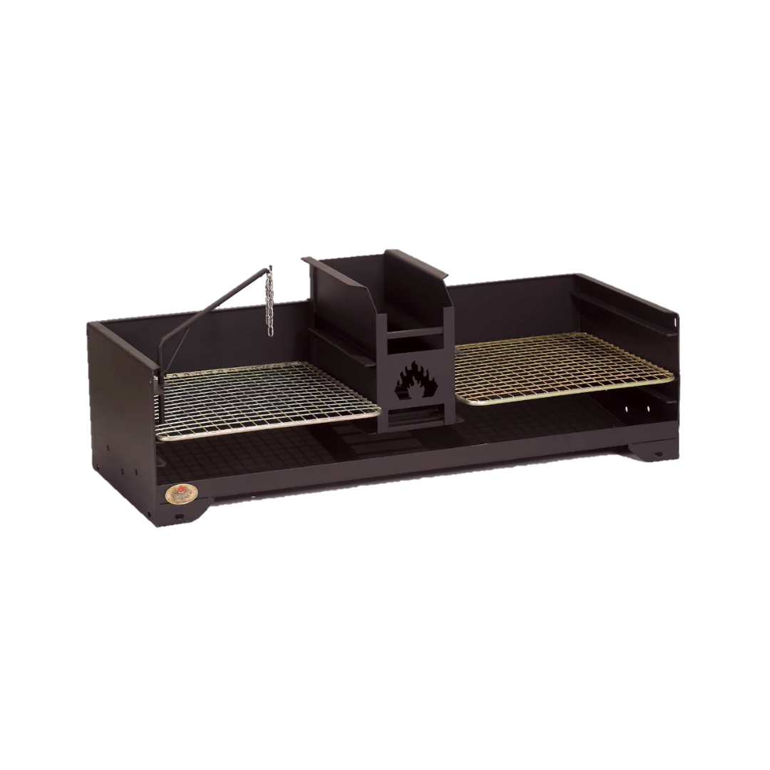 A black stainless steel table braai with integrated ash pan and grid lifters.