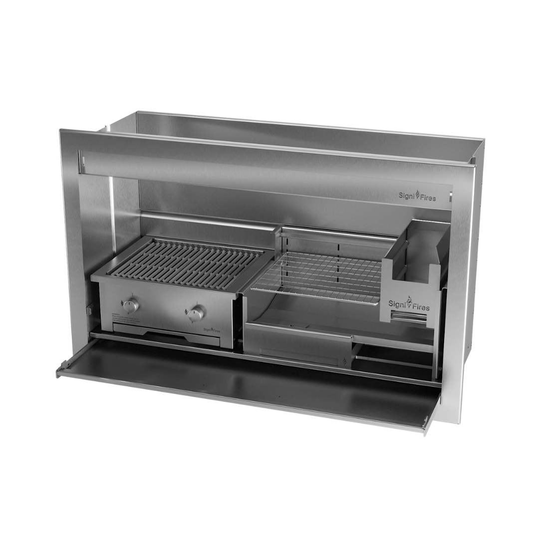 A built-in stainless steel braai grill with a closed lid, set against a white background.