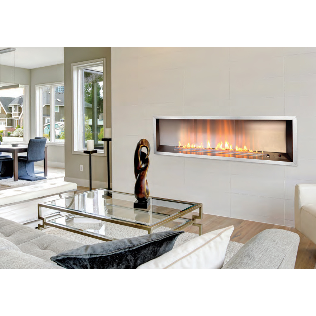 Infiniti Slimline 1400 stainless fireplace lifestyle installation