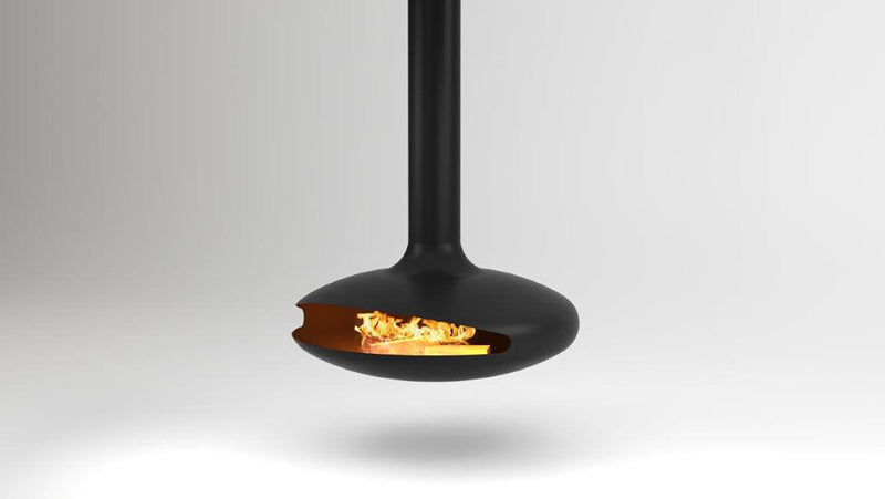 Modern black pendant light with visible flame on a gray background
