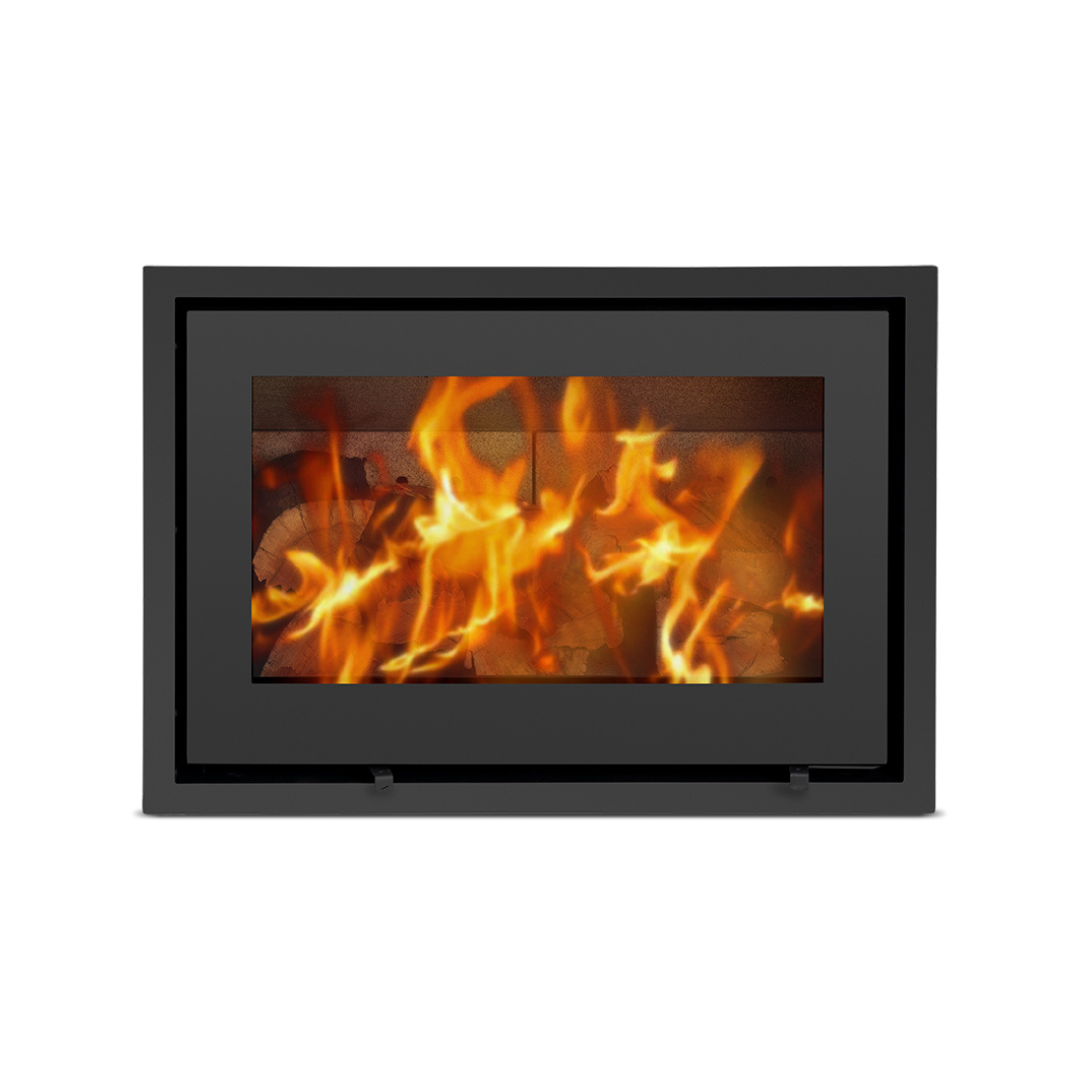 A single-sided fireplace with glass doors showing a fire burning inside.