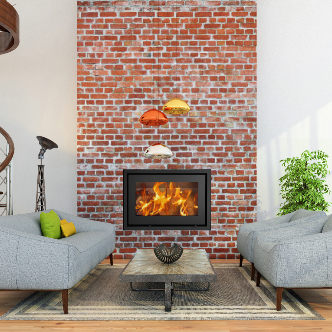 14 kW insert fireplace in lifestyle room, wide flame and clean frame.