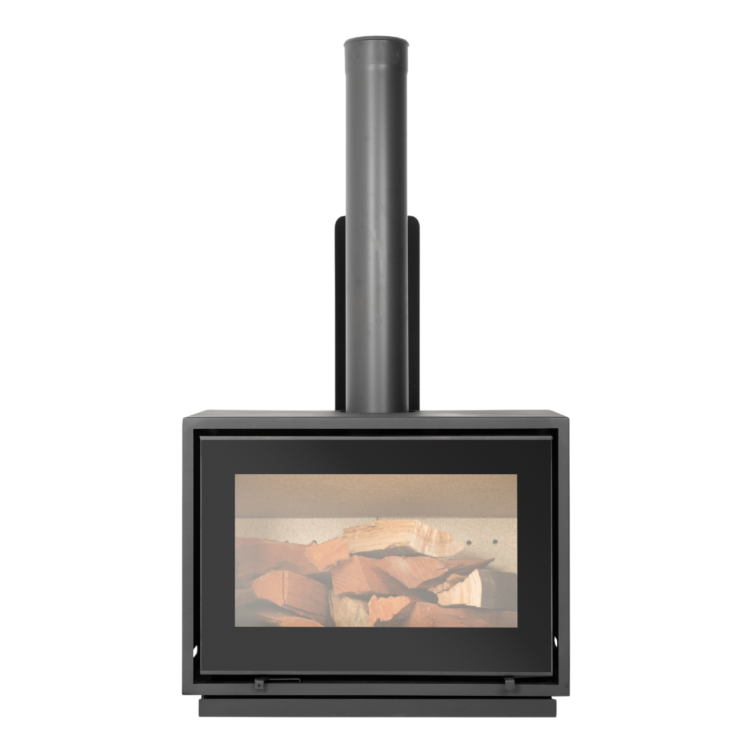 Wall-mounted convection fireplace with a visible heating element and flames behind a glass door.