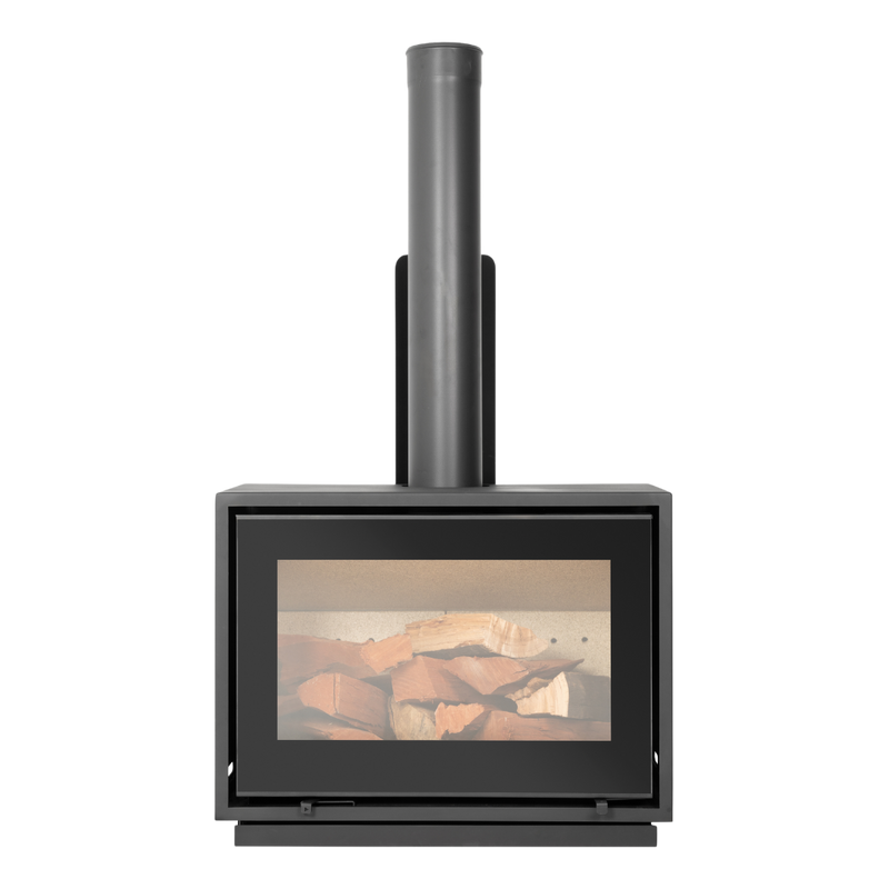 Wall-mounted convection fireplace with a visible heating element and flames behind a glass door.