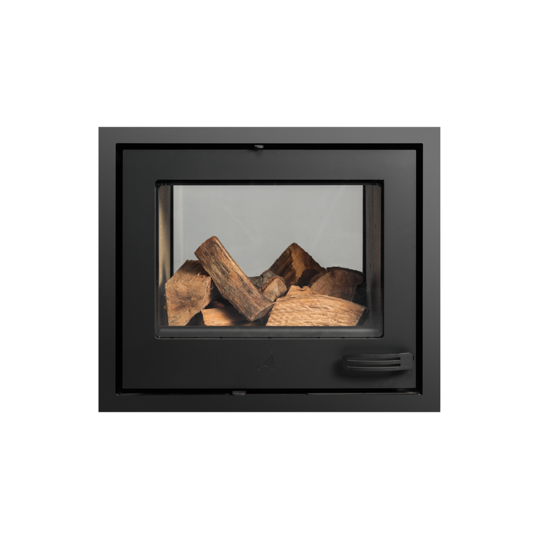 A black double-sided fireplace insert with a visible glass window showing wood inside.