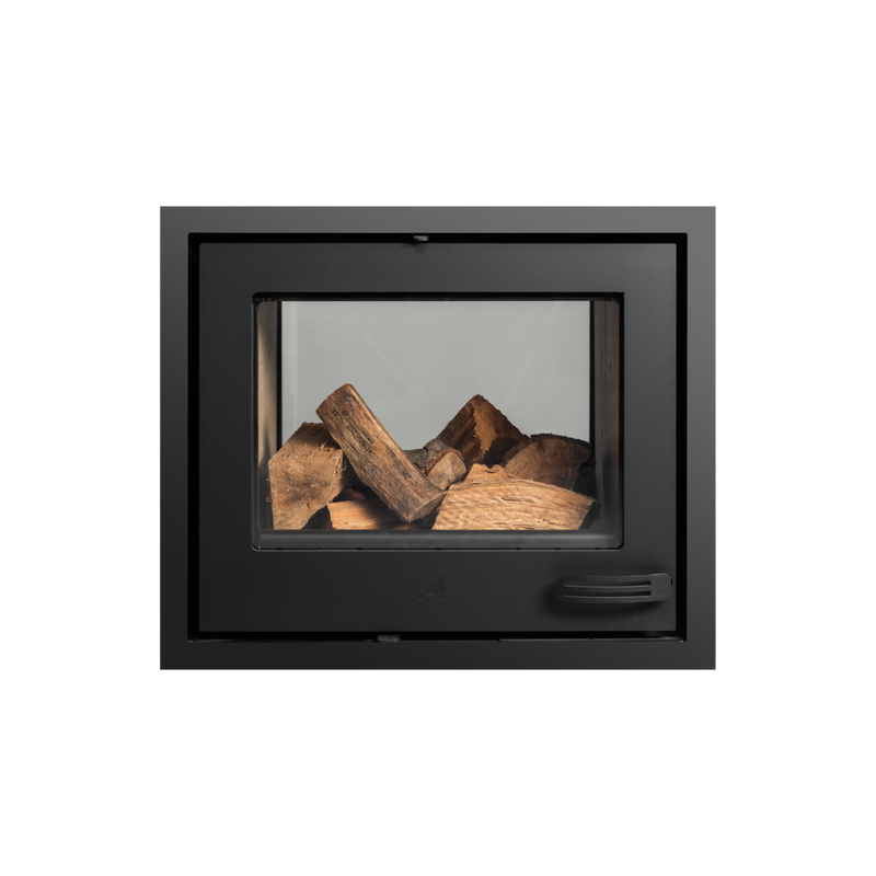 A black double-sided fireplace insert with a visible glass window showing wood inside.