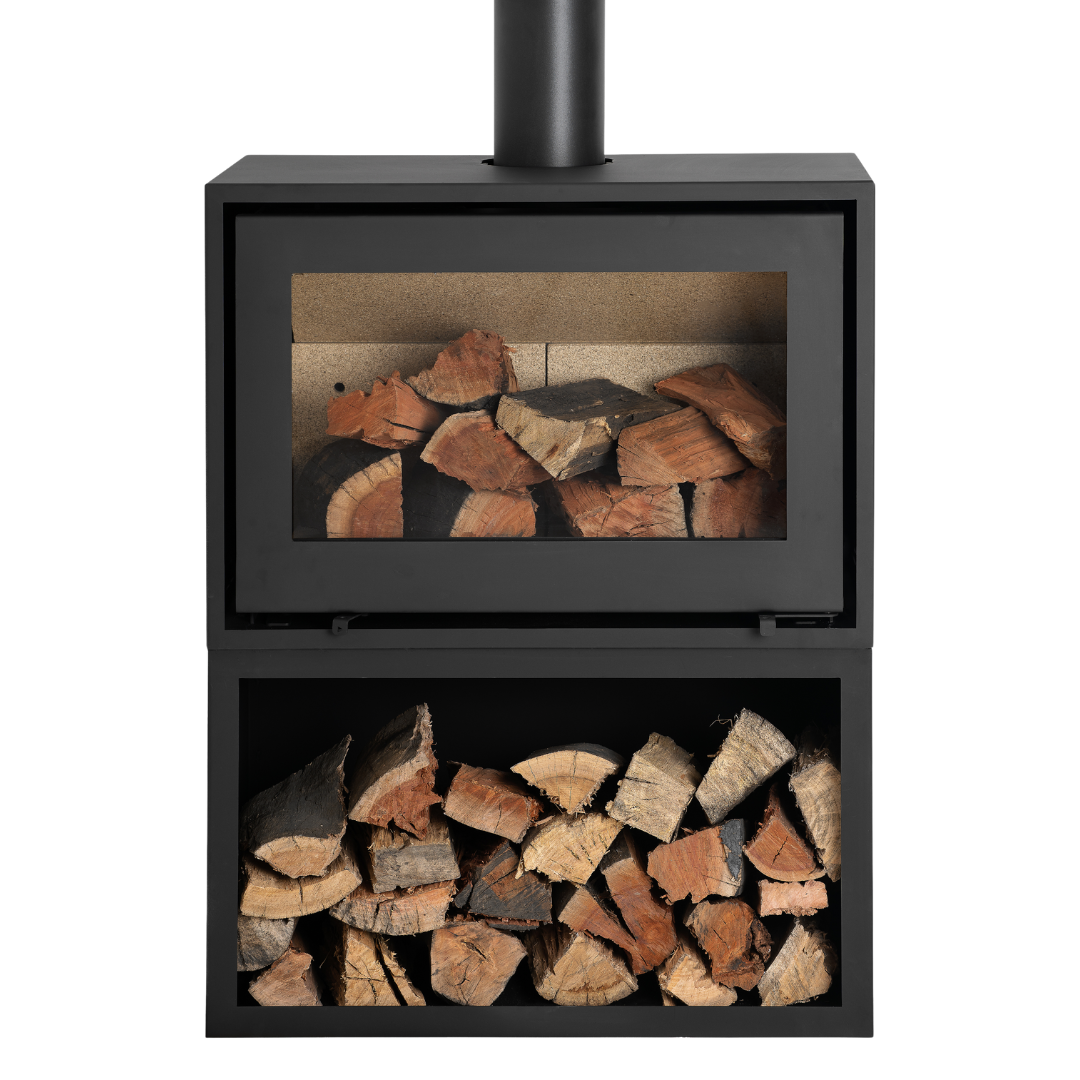 A black convection fireplace with a visible wood storage compartment below the viewing window.