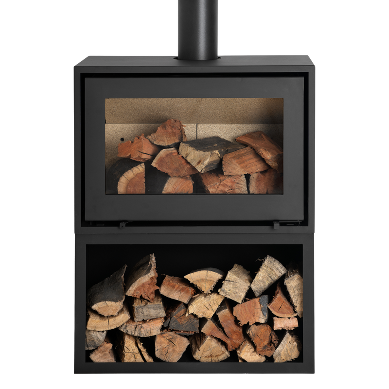 A black convection fireplace with a visible wood storage compartment below the viewing window.