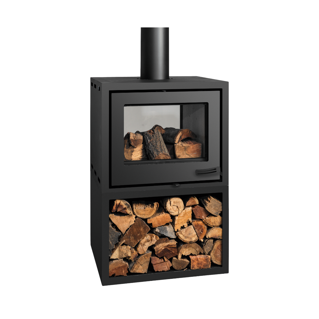 A black double-sided wood stove with a visible fire compartment and a log box beneath.