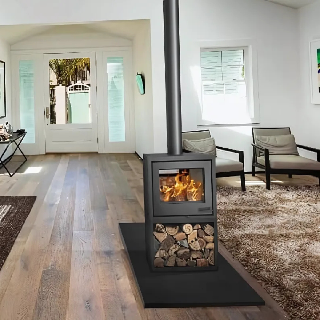 Double sided convection fireplace 14 kW, lifestyle room scene, efficient heating.