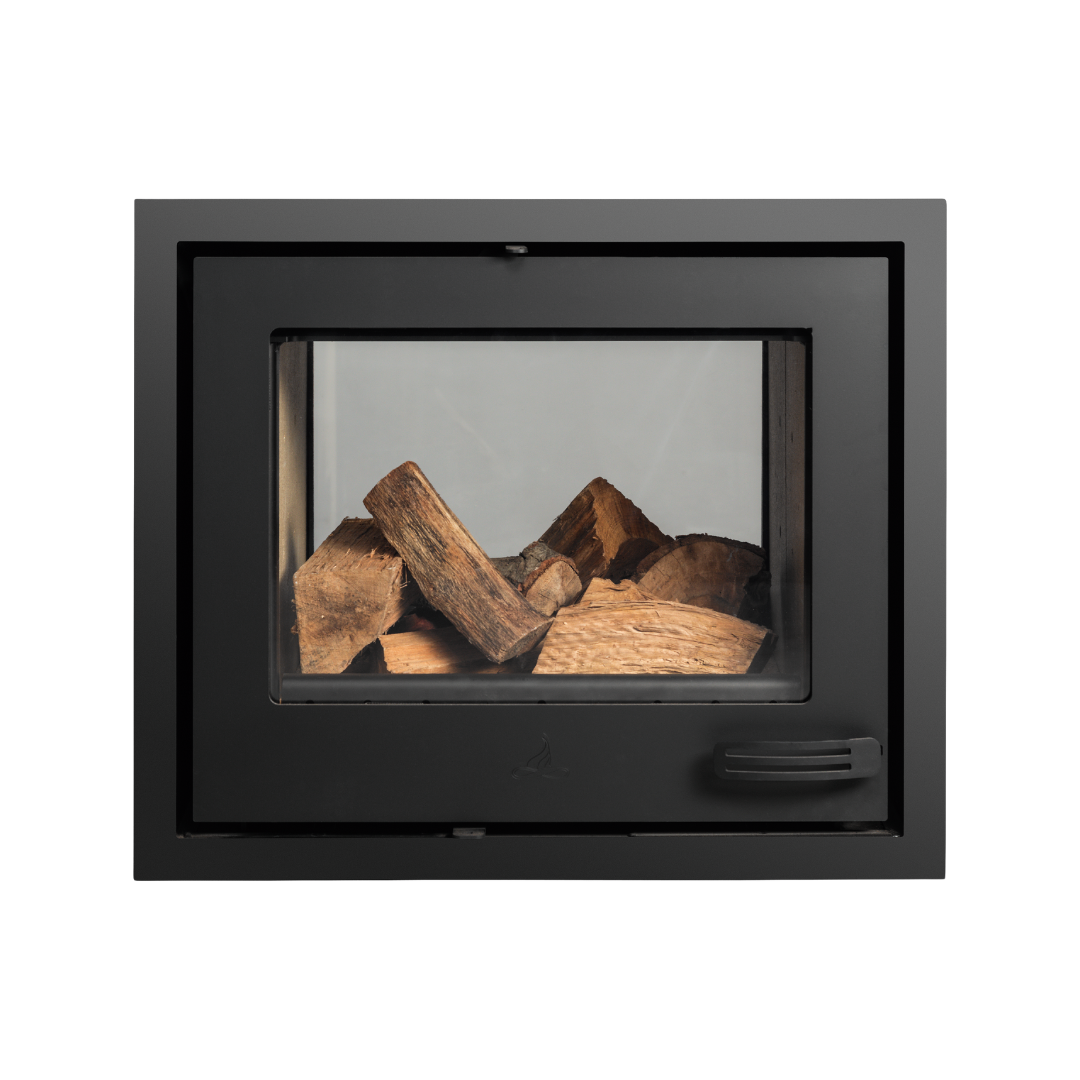 A built-in double-sided fireplace insert with glass on both sides, showing visible wood inside and a black exterior frame.